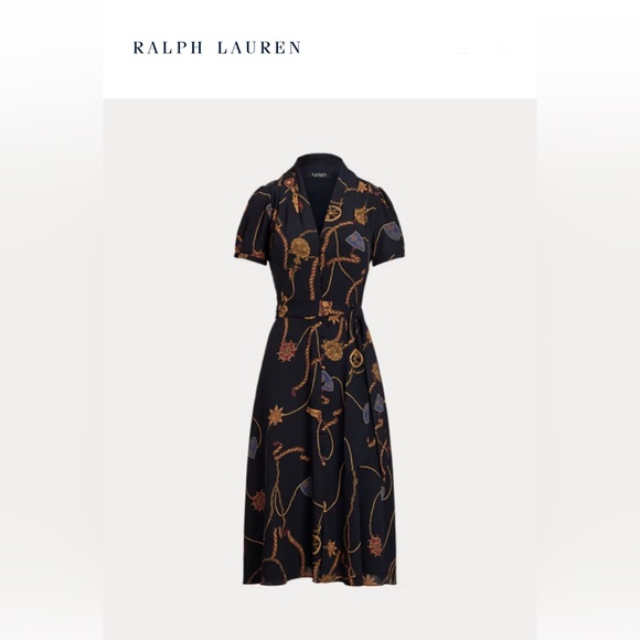 Lauren Ralph Lauren Black and Orange Puff Sleeve Midi Dress - Picture 2 of 9